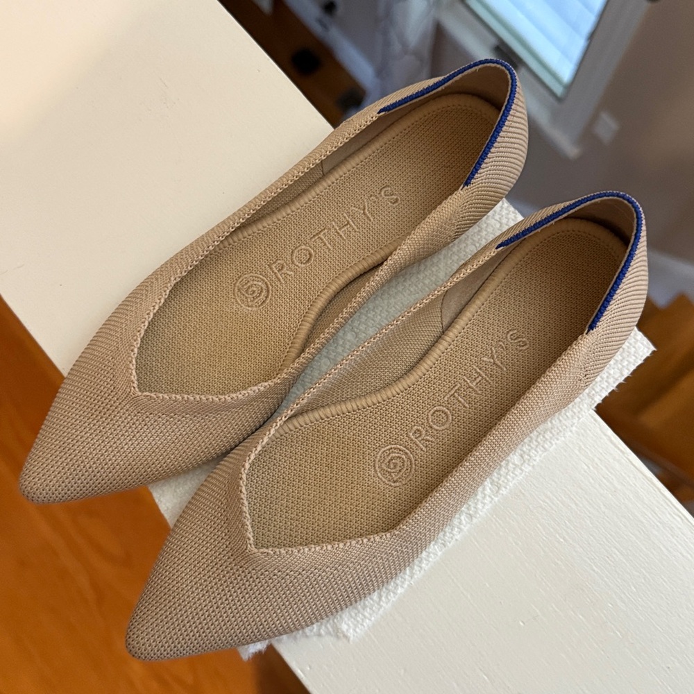 Rothy's Beige Pointed Flats with Blue Accents